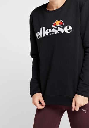 Sudadera negra con cuello redondo, que presenta el logo "ellesse" en blanco y naranja. Tejido suave con mangas largas y puños acanalados.
