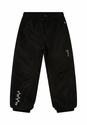 Udendørs bukser til børn i sort med elastisk talje og manchetter, reflekterende trekantdesign på venstre ben og logo på højre lår.