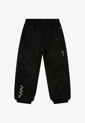 Udendørs bukser til børn i sort med elastisk talje og manchetter, reflekterende trekantdesign på venstre ben og logo på højre lår.