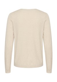 Beige long-sleeve sweater with a round neckline, soft fabric, and minimalistic design. Smooth texture and subtle stitching details.