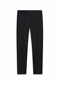 Black trousers with a straight-leg design, made of smooth fabric. Features a button closure and folded crease down the front. No patterns.