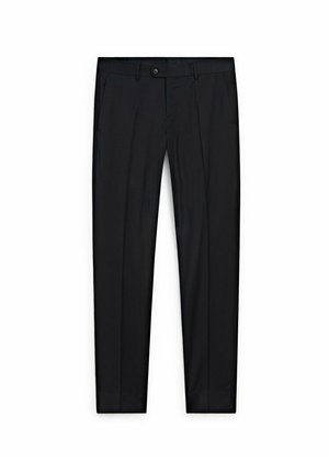 Black trousers with a straight-leg design, made of smooth fabric. Features a button closure and folded crease down the front. No patterns.