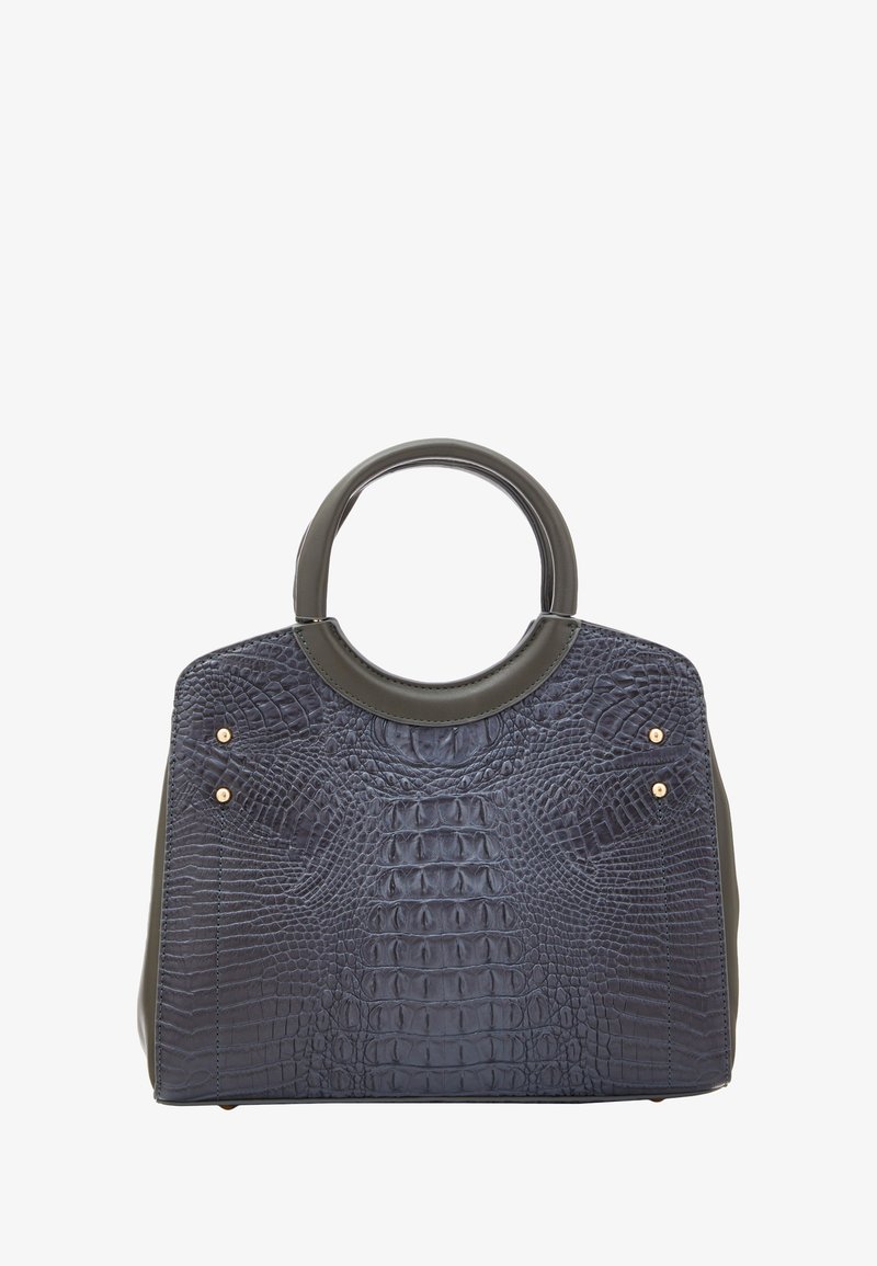 Grand sac fourre-tout en simili-crocodile bleu foncé, doté d'une poignée supérieure arrondie et d'accents dorés sur l'avant.