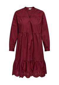 Burgundy dress with long sleeves, v-neck, tiered design, and embroidered detailing along the hem and neckline. Made of lightweight fabric.