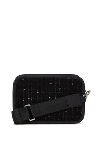 Black rectangular bag with a textured woven front, featuring a grid pattern. Adjustable strap, smooth edges, and silver hardware detail.