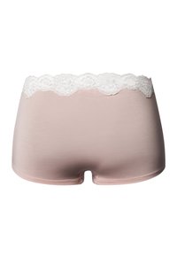 Světle růžové šortky s přiléhavým střihem a dekorativním bílým krajkovým pasem. Hladký materiál s zaoblenými otvory na nohy.