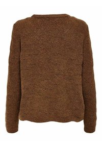 Pull marron tricoté avec un motif texturé, manches longues et col rond. Présente une coupe décontractée avec des poignets et un ourlet côtelés.