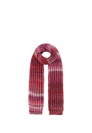 Knitted scarf with ribbed texture in shades of pink, purple, and white, arranged in a loop with one end hanging down.