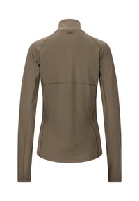 Langärmlige, taillierte Jacke aus olivgrünem Material mit hohem Kragen, flachen Nähten und einem dezenten Logo auf dem Rücken. Glatte Textur.