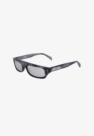 Occhiali da sole rettangolari neri con lenti grigie e logo Moschino sulle aste.