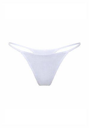 Sous-vêtement string blanc avec fines bretelles, en tissu doux. Offre une couverture minimale et une texture lisse, avec un design simple et sans coutures.