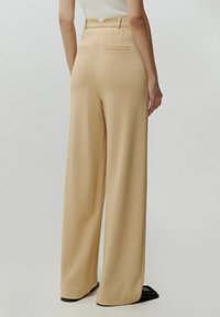 Beige wijde broek met een op maat gemaakte tailleband, twee achterzakken en een gladde, lichte textuur. Zwarte schoenen zijn zichtbaar.