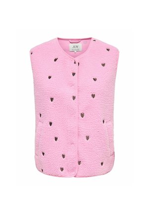 Gilet sans manches en polaire rose avec de petits motifs en forme de cœur foncés et une fermeture à boutons-pression à l'avant.