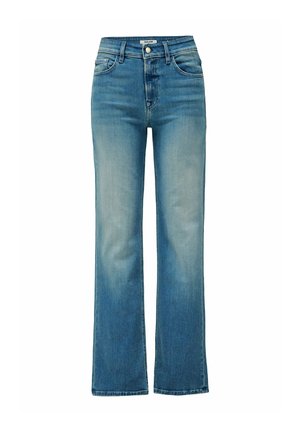 Jeans en denim bleu à jambes larges avec un lavage délavé, taille haute et design traditionnel à cinq poches ; dotés d'une fermeture à bouton métallique et de passants de ceinture.