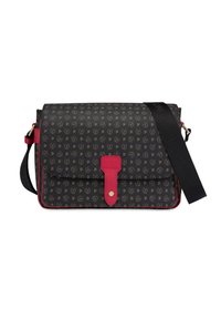Borsa a tracolla nera con motivo, accentuata da dettagli e tracolla in pelle rossa. Presenta una chiusura a pattina con bottone a pressone e piping rosso a contrasto.