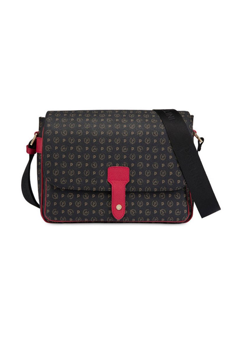 Borsa a tracolla nera con motivo, accentuata da dettagli e tracolla in pelle rossa. Presenta una chiusura a pattina con bottone a pressone e piping rosso a contrasto.