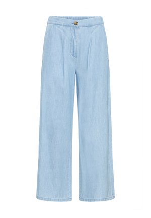 Hellblaue, weit geschnittene Denim-Hosen mit hohem elastischem Bund und Ein-Knopf-Verschluss.