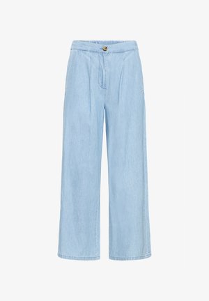 Pantalon en denim bleu clair à jambes larges avec une taille haute élastique et une fermeture à bouton unique.