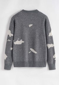 Un pull en tricot gris avec un motif texturé présentant des formes de nuages crème. Inclut un col et des poignets côtelés. Vue arrière affichée.