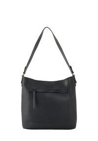 Borsa a spalla in pelle nera con un'unica tracolla larga, superficie texturizzata, tasca frontale con zip e design minimalista.