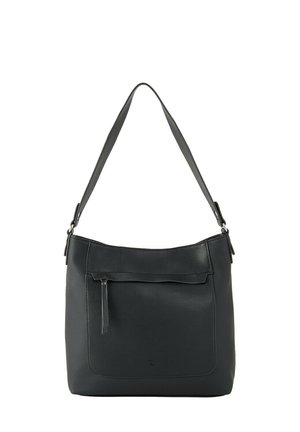 Borsa a spalla in pelle nera con un'unica tracolla larga, superficie texturizzata, tasca frontale con zip e design minimalista.