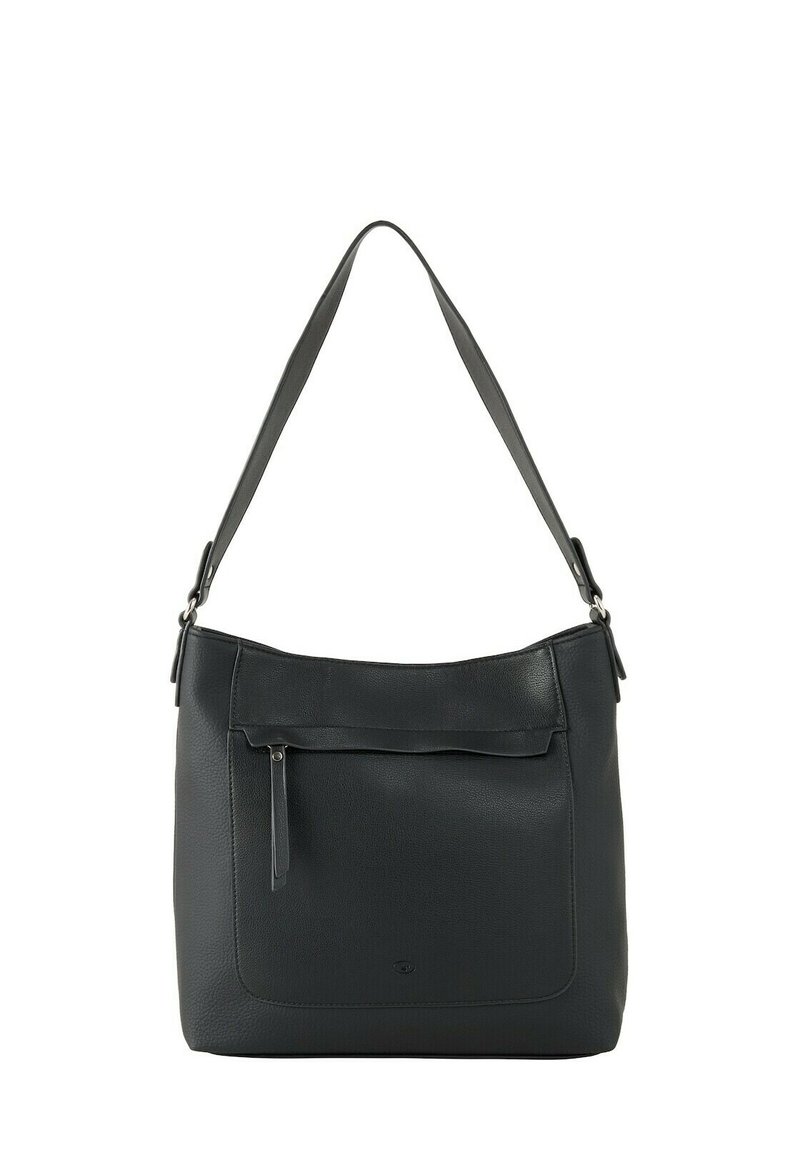Borsa a spalla in pelle nera con un'unica tracolla larga, superficie texturizzata, tasca frontale con zip e design minimalista.