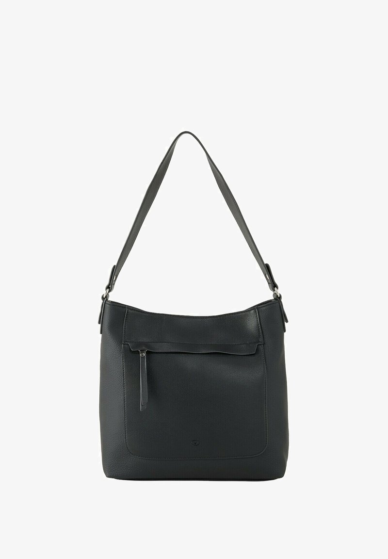 Borsa a spalla in pelle nera con un'unica tracolla larga, superficie texturizzata, tasca frontale con zip e design minimalista.