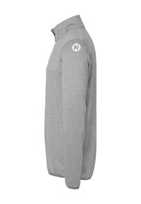 Grijze zip-up sweatshirt met een hoge kraag, lange mouwen en een logo-patch op de schouder. Gemaakt van zachte, gestructureerde stof.