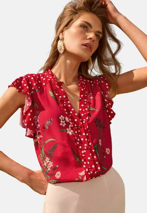 REGULAR FIT - FLUTTER SLEEVE PRINTED V-NECK - Camicetta - red floral