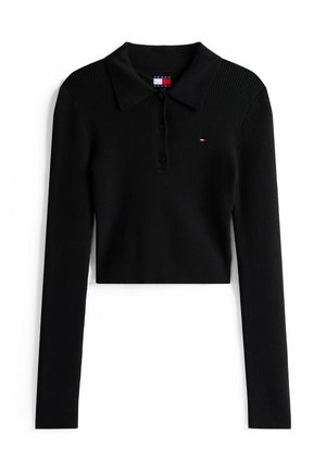 Sort ribbet langærmet cropped polo shirt med tre frontknapper og lille Tommy Jeans logo på brystet.