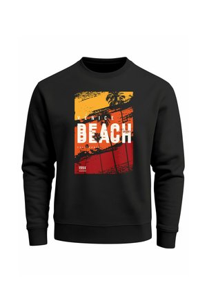 Black sweatshirt featuring a colorful graphic print with orange and yellow stripes, palm trees, and the text "Venice Beach" in bold white letters.