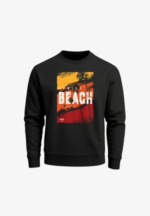 Schwarzer Sweatshirt mit buntem Grafikdruck, der orange und gelbe Streifen, Palmen und den Text "Venice Beach" in fettgedruckten weißen Buchstaben zeigt.