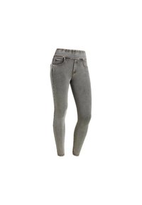Leggings en jean gris avec une coupe slim, dotés d'une taille haute, deux poches avant et des surpiqûres contrastantes. Texture lisse et design minimaliste.