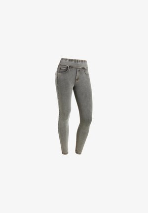 Leggings in denim grigio con vestibilità slim, caratterizzati da una vita alta, due tasche frontali e cuciture a contrasto. Texture liscia e design minimalista.