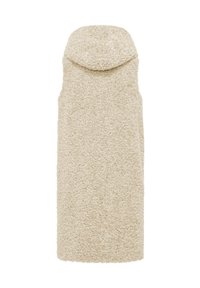 Beige mouwloze jas van een zachte, gestructureerde stof. Heeft een vaste capuchon en een lange, rechte snit. Glad interieur met voering.
