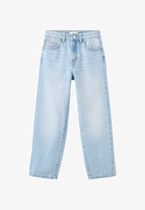 Svetlo modre jeans hlače z ravnimi nogami, z zankami za pas, sprednjim gumbom, zadrgo ter sprednjimi in zadnjimi žepi.