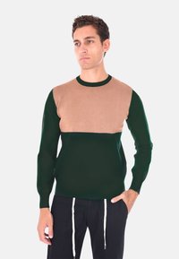 Pullover lavorato a maglia con corpo verde e giromanica beige, caratterizzato da maniche lunghe e scollatura rotonda. Texture liscia e dettagli di cucitura fine.