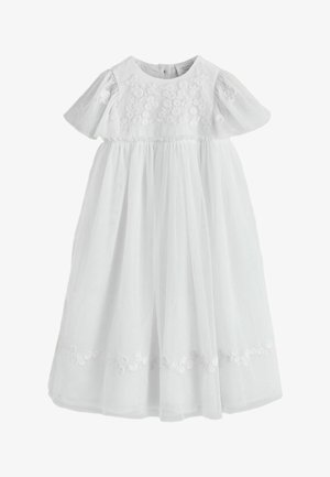 Witte babyjurk met korte pofmouwtjes, bloemrijke borduursels op het lijfje en de zoom, en een geplooide tule rok.