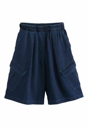 Mørkeblå denim cargo-shorts med elastisk talje og to store sidelommer med klap.