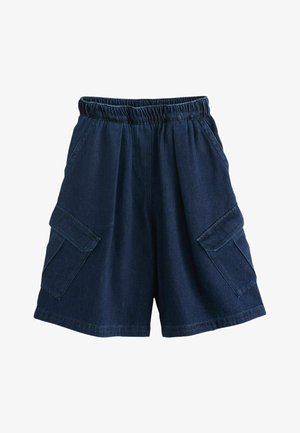 Mørkeblå denim cargo-shorts med elastisk talje og to store sidelommer med klap.