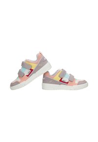 Ein Paar bunte Sneakers mit pastellfarbenen Akzenten, Klettverschlüssen und weißen Sohlen, nebeneinander auf einem weißen Hintergrund abgebildet.