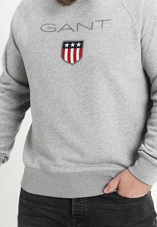 Sweat-shirt gris avec le texte « "GANT" » et un logo en forme de bouclier avec trois étoiles et des rayures rouges et blanches sur la poitrine, porté par une personne ayant la main dans la poche.
