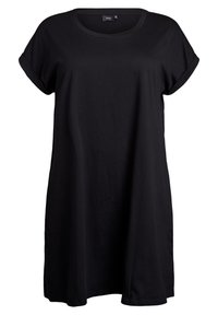 Robe noire à manches courtes en coton doux. Elle présente un col rond et une coupe décontractée, avec des ourlets retroussés et des poches sur les côtés.