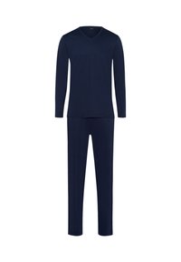 Tummansininen pitkähihainen V-puolelta aukeava paita ja siihen sopivat housut pehmeästä ja sileästä kankaasta. Ei kuvioita tai yksityiskohtia; yksinkertainen muotoilu mukavuutta varten.