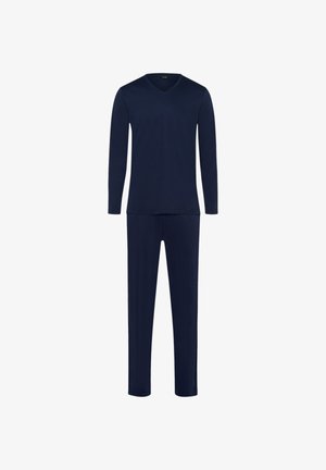 Maglia a maniche lunghe color blu navy con scollo a V e pantaloni abbinati, realizzati in tessuto morbido e liscio. Senza motivi o dettagli; design semplice per il comfort.