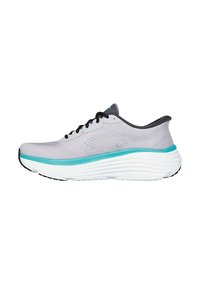 Scarpe da corsa leggere con tomaia in rete grigia, dettagli turchesi e una suola intermedia bianca e testurizzata. Presentano lacci neri e una punta arrotondata.