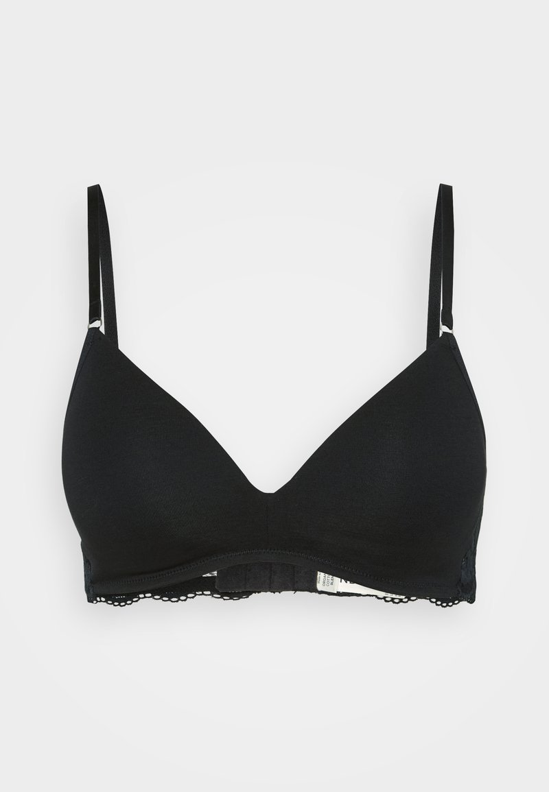 Svart, triangelformad bralette i mjukt material med tunna justerbara axelband. Spetsdetaljer på bandet ger textur och stil.