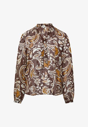 Braune transparente Bluse mit langen Ärmeln, weißem und senfgelben Blumen-Paisley-Muster, hohem Rüschkragen und Bindeband-Detail vorne.