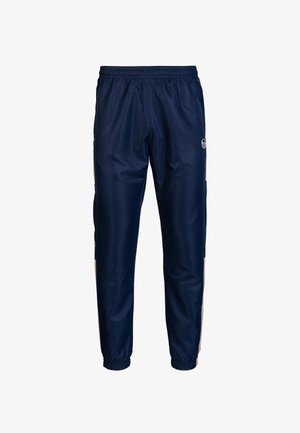 Marineblauwe trainingsbroek met een elastische tailleband, taps toelopende boorden, zijzakken en contrasterende crèmekleurige verticale strepen langs de zijkanten.