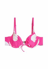 Roze bikini top met schelpprint. Heeft verstelbare bandjes, een voorknoopsluiting en gevormde cups voor ondersteuning. Soepele stofstructuur.